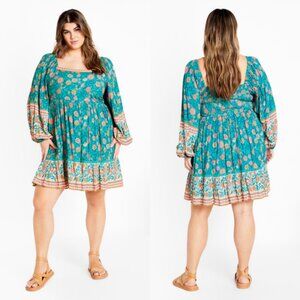 NWT City Chic Turquoise Floral Long Sleeve Babydoll Dress 18